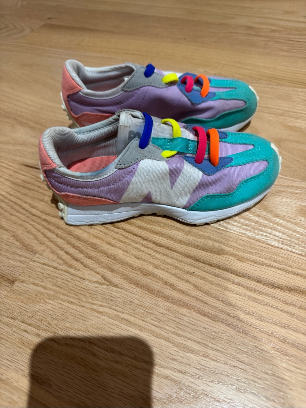 New Balance Kids Teal Lavender Coral Sneakers with Neon Accents